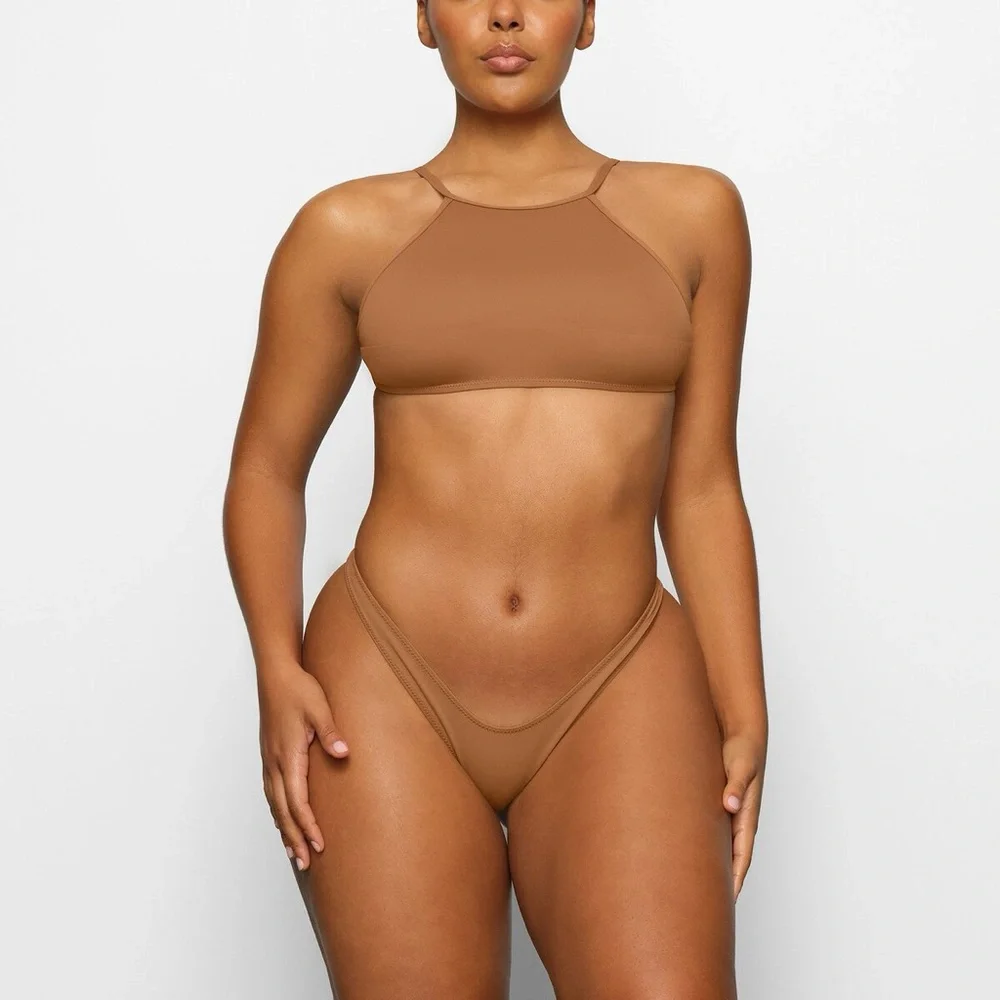 SKIMS Recycled Swim High Neck Open Back Tie Top Almond NEW XXS